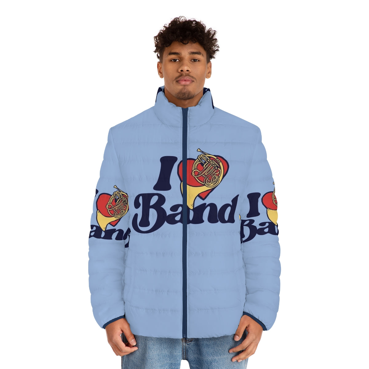 A cozy puffer jacket featuring the text "I Love Band" - men front