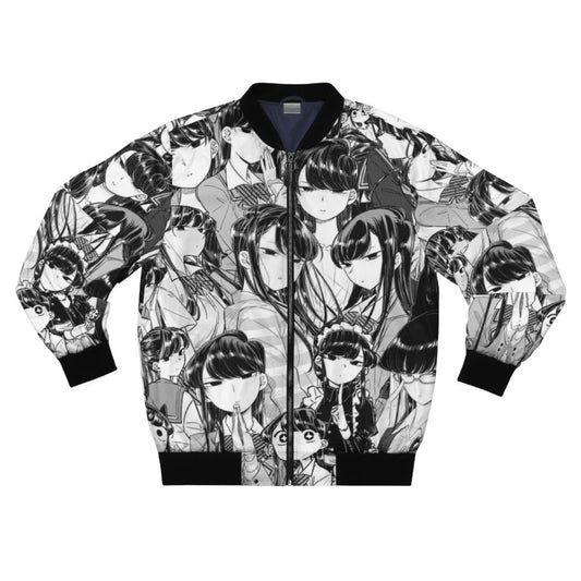 A beautiful black and white collage bomber jacket featuring the anime character Komi San, the "silent goddess".