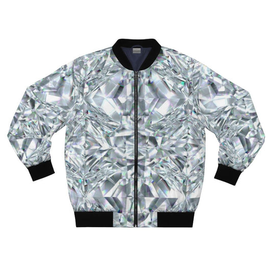 Luxurious white bomber jacket with abstract glass texture and diamond-like pattern