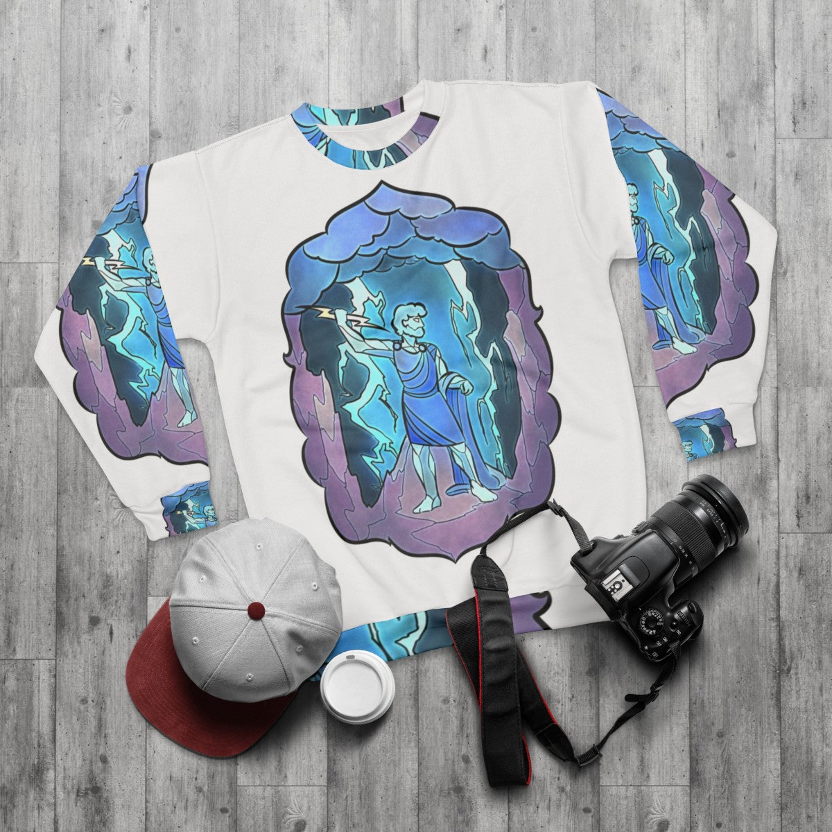 Stained glass design of the Greek god Zeus on a sweatshirt - flat lay