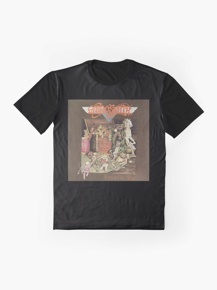 Graphic t-shirt with an image of toys in a scary room - Flat lay