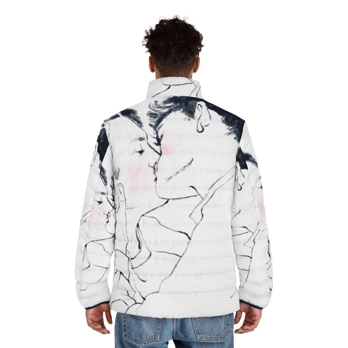 Heartstopper inspired puffer jacket featuring a kiss design - men back