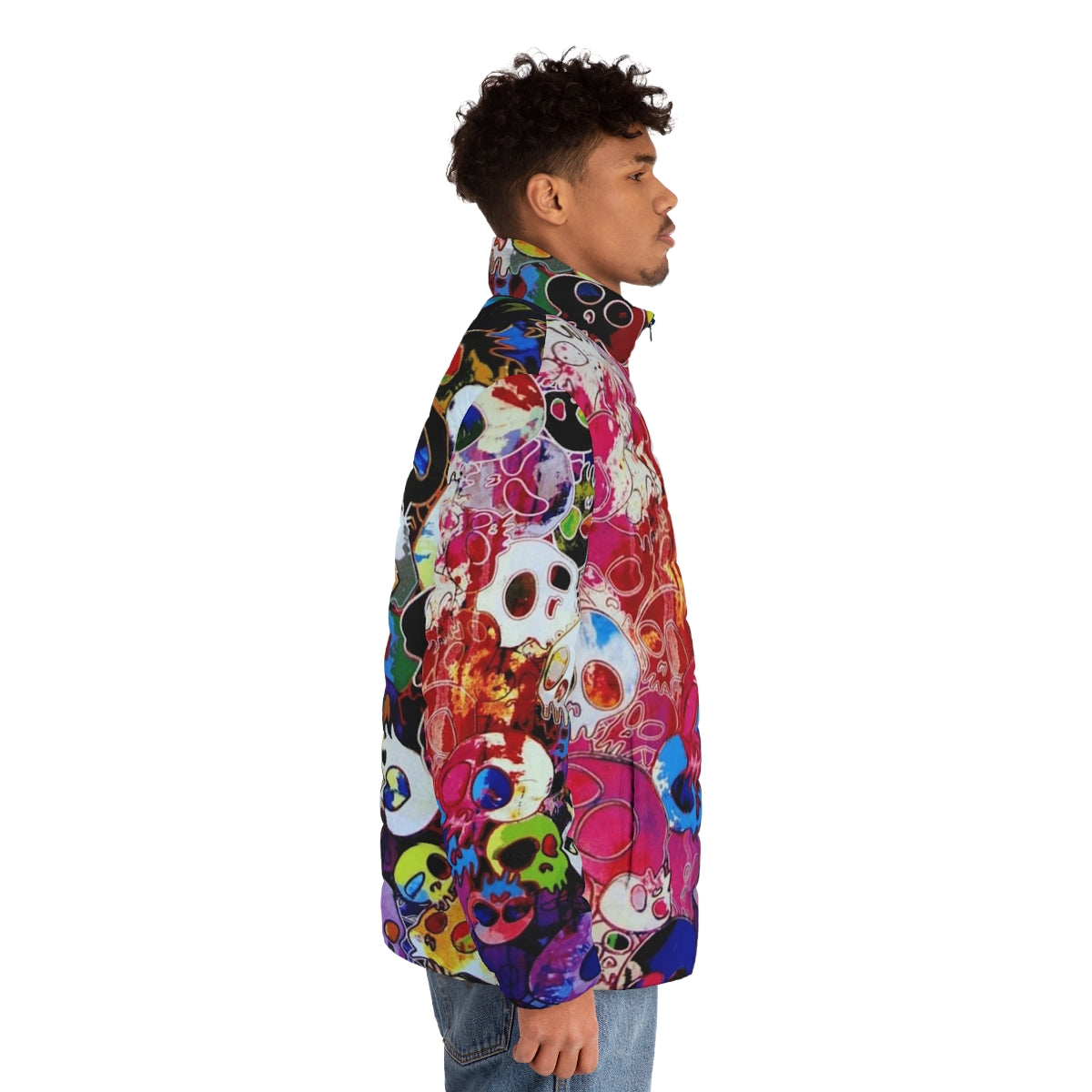 Colorful rainbow skull puffer jacket featuring Takashi Murakami's iconic flower design - men side right