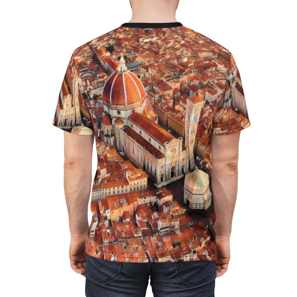 Photograph of Florence, Italy's historic skyline and cathedral on an all-over print t-shirt - men back