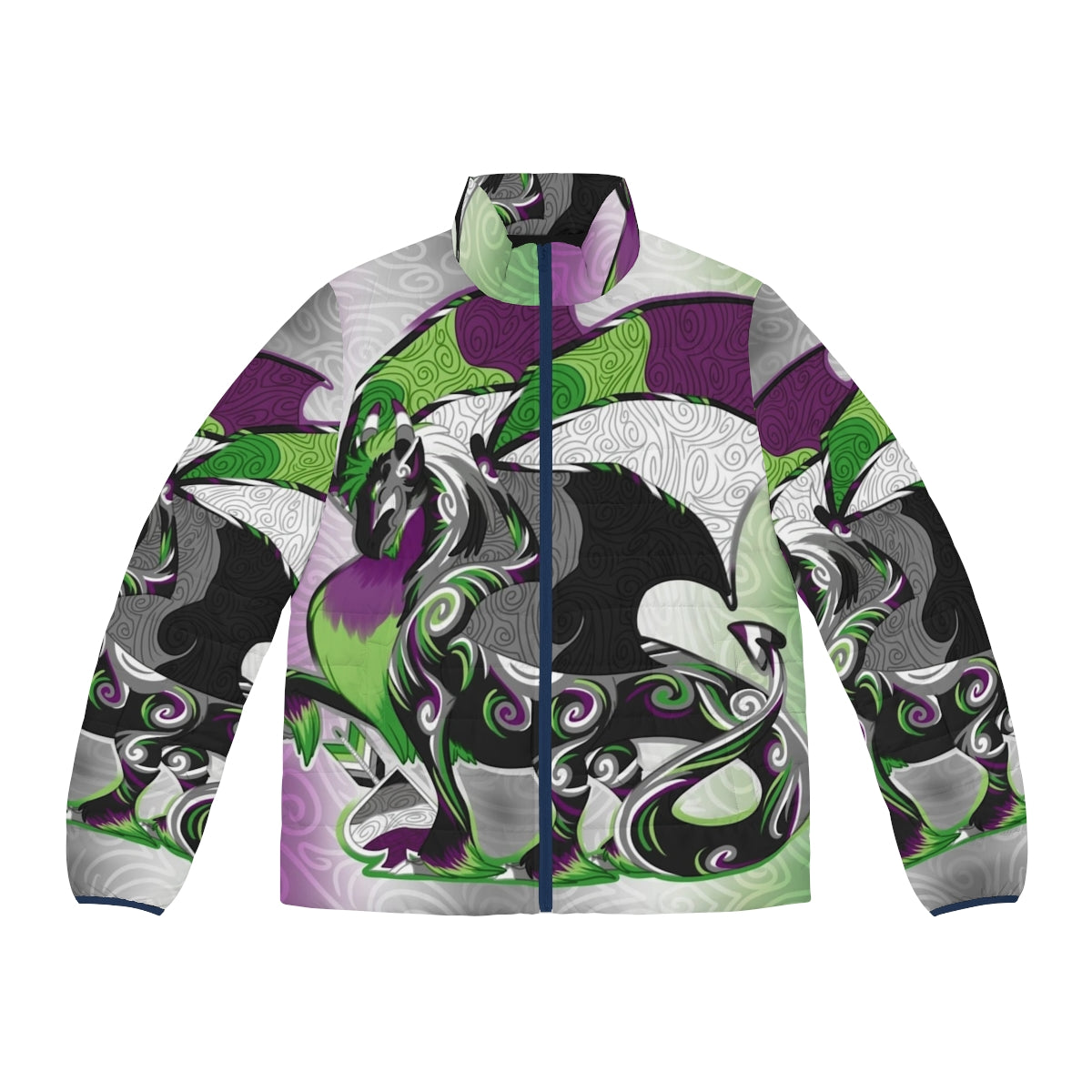 Aro ace pride dragon puffer jacket with LGBTQ+ and queer design