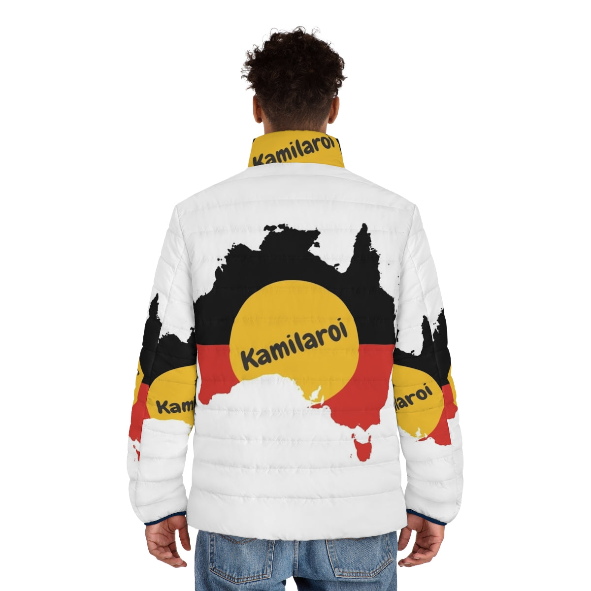 Kamilaroi Aboriginal Australian Puffer Jacket featuring indigenous Australian design and cultural elements - men back