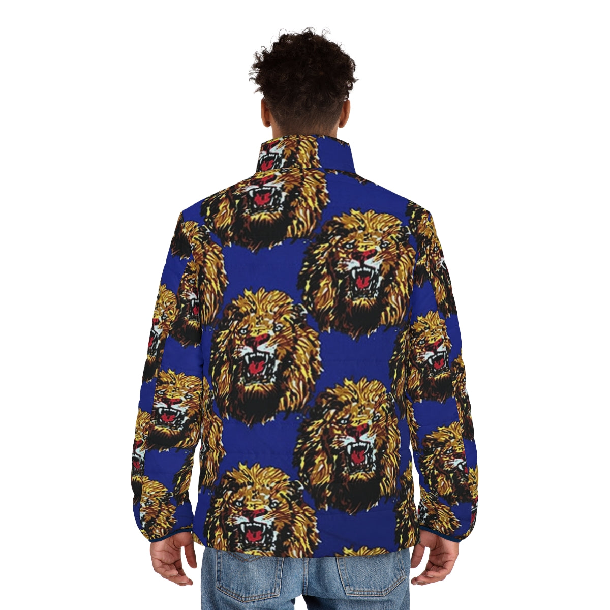 Blue puffer jacket with Isi Agu lion head design - men back