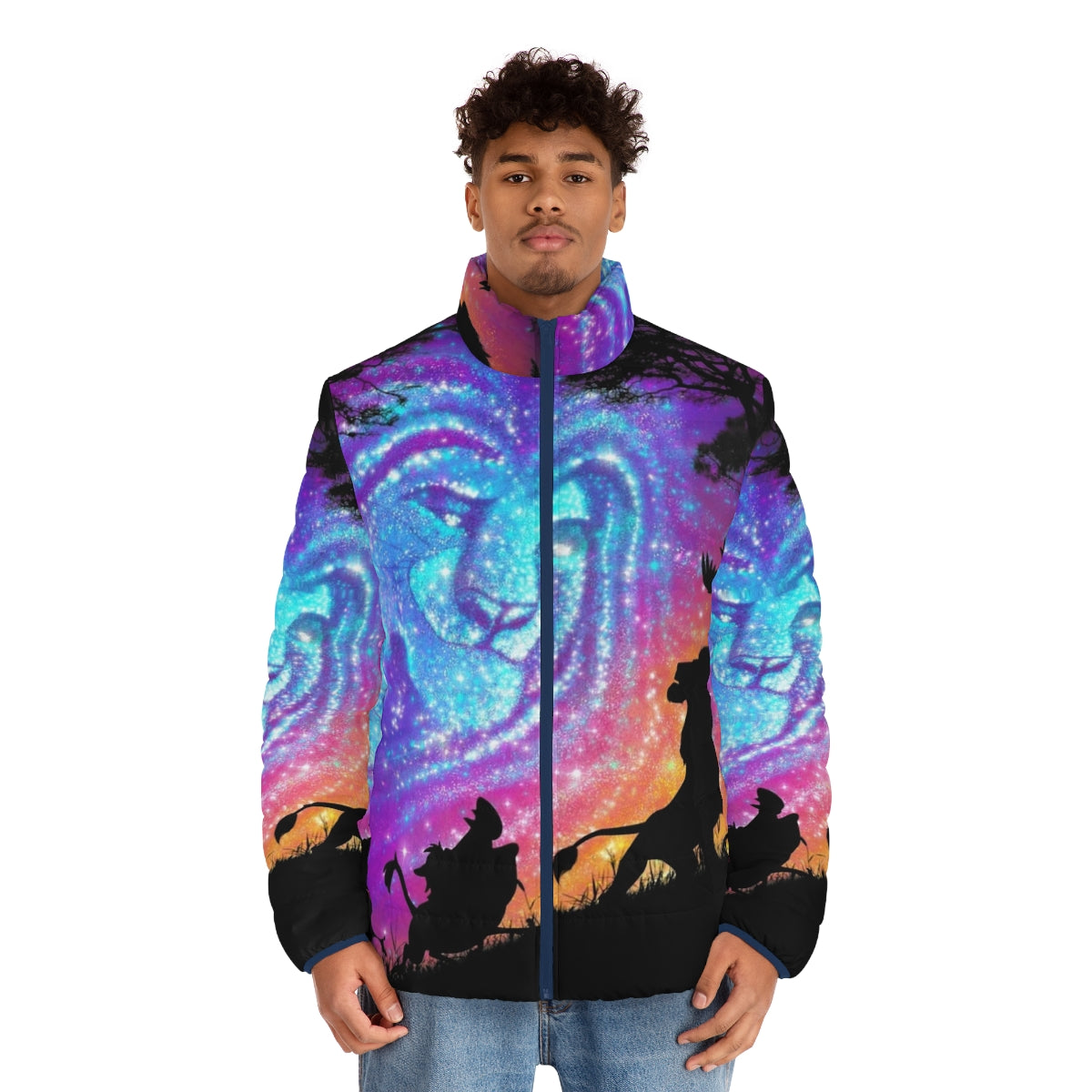 Model wearing a puffer jacket with a Lion King inspired design featuring Mufasa, Simba, Timon, and Pumba - men front