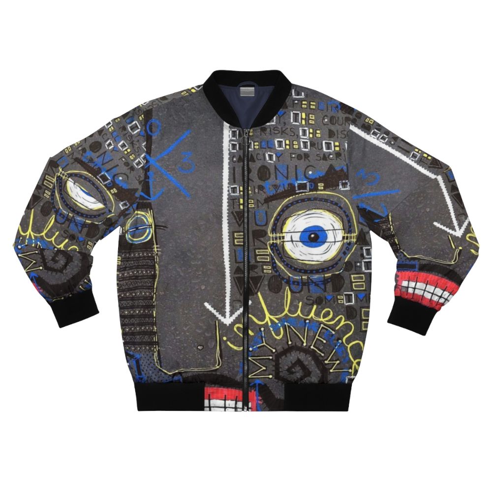 Influence Basquiat Style Bomber Jacket with abstract word art design and face with mustache