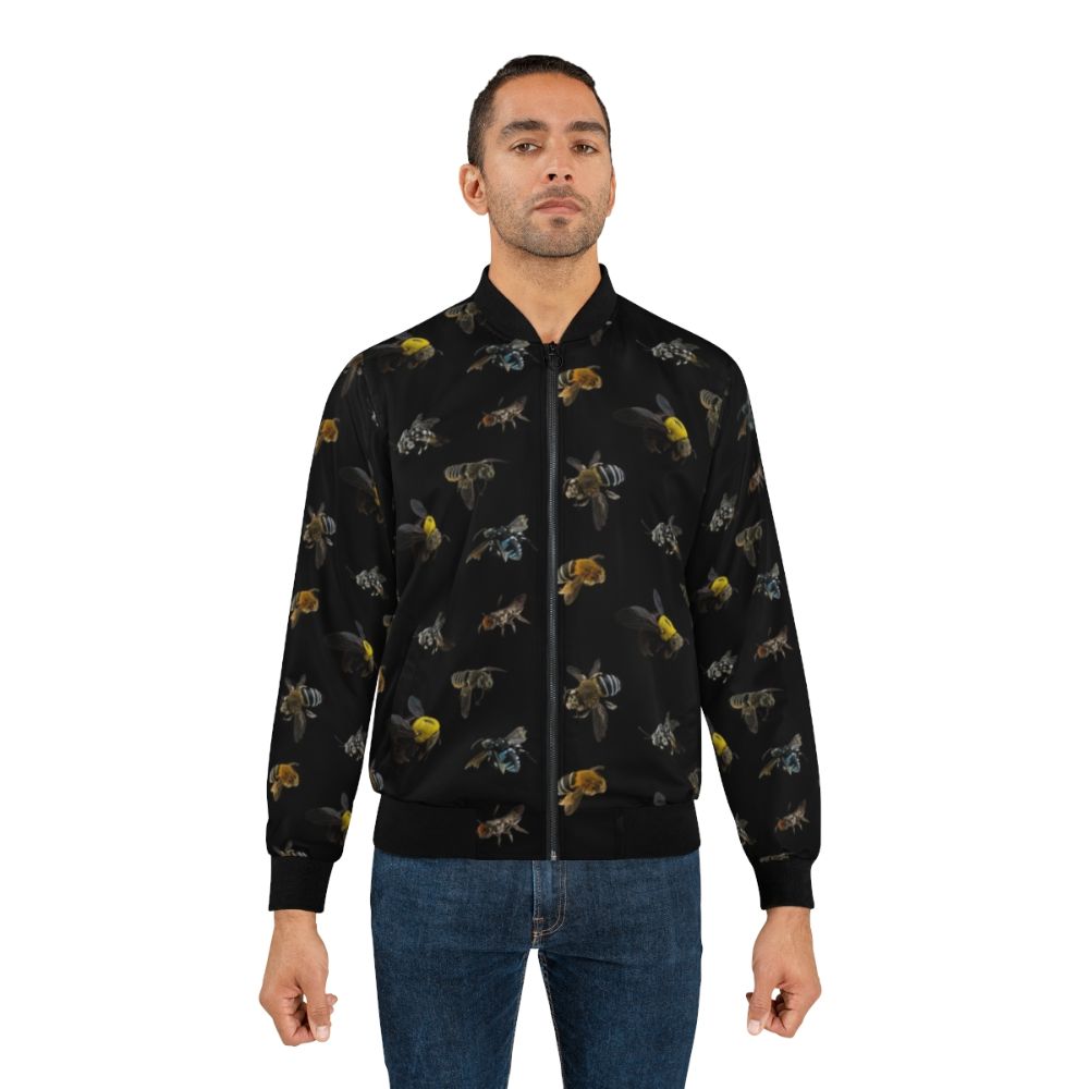 Native Australian bees bomber jacket featuring a detailed insect pattern design - Lifestyle