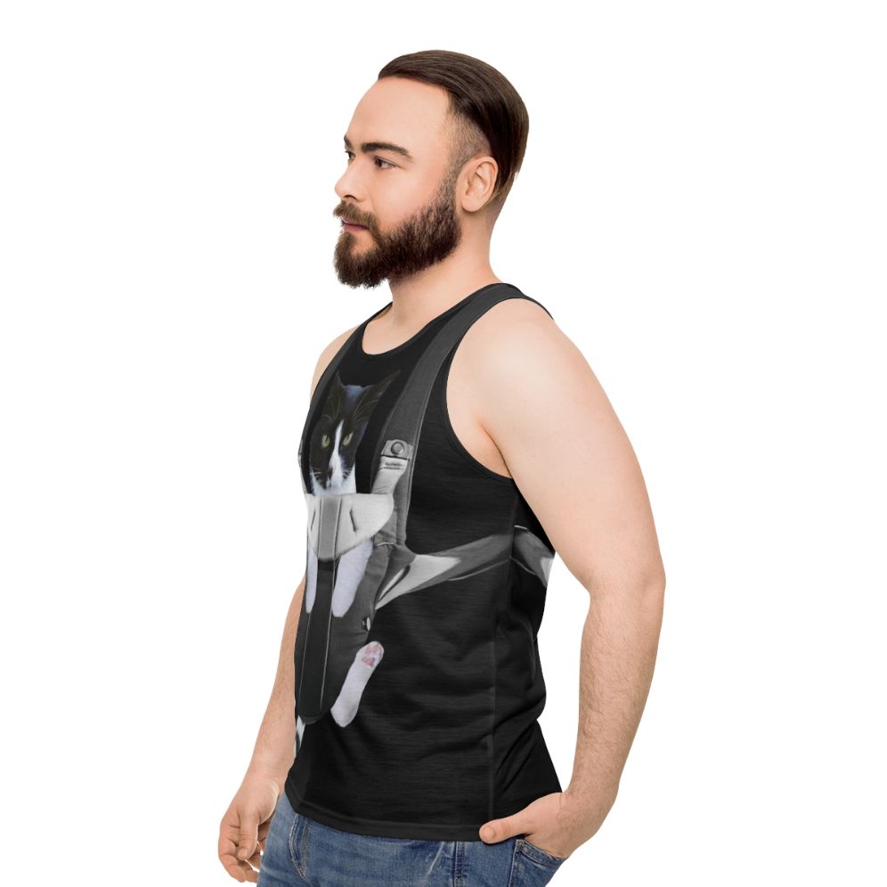 Unisex tank top with a cat in a baby carrier design - men side