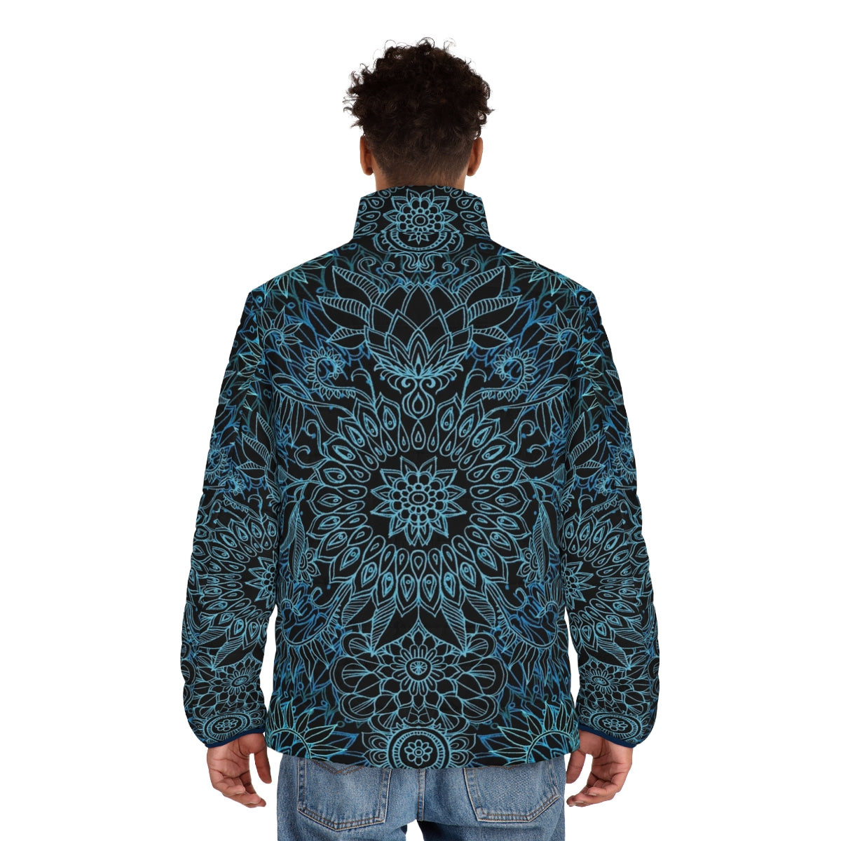 Boho Protea Doodle Pattern Puffer Jacket with Micklyn's Botanical Artwork - men back