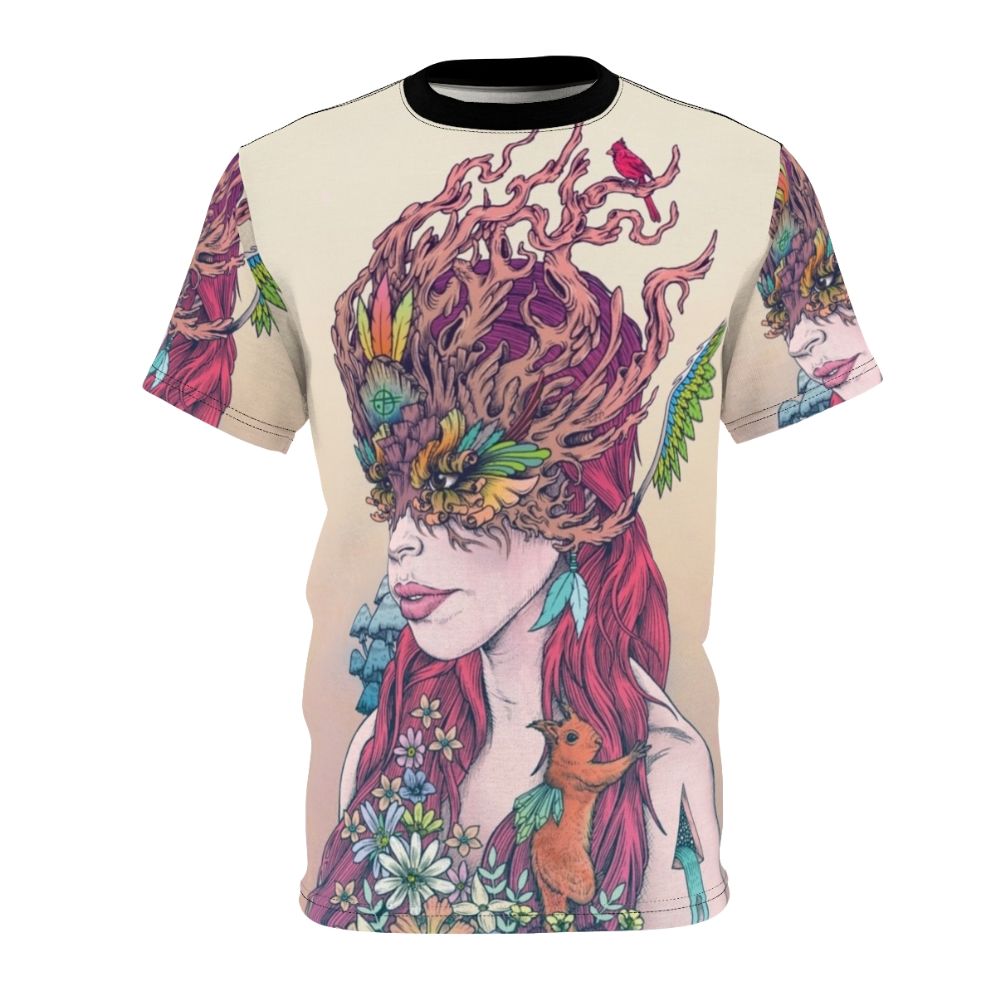 Whimsical t-shirt design featuring psychedelic art with fantasy nature elements, including a woman with red hair, animals like a cardinal and squirrel, and vibrant floral patterns.