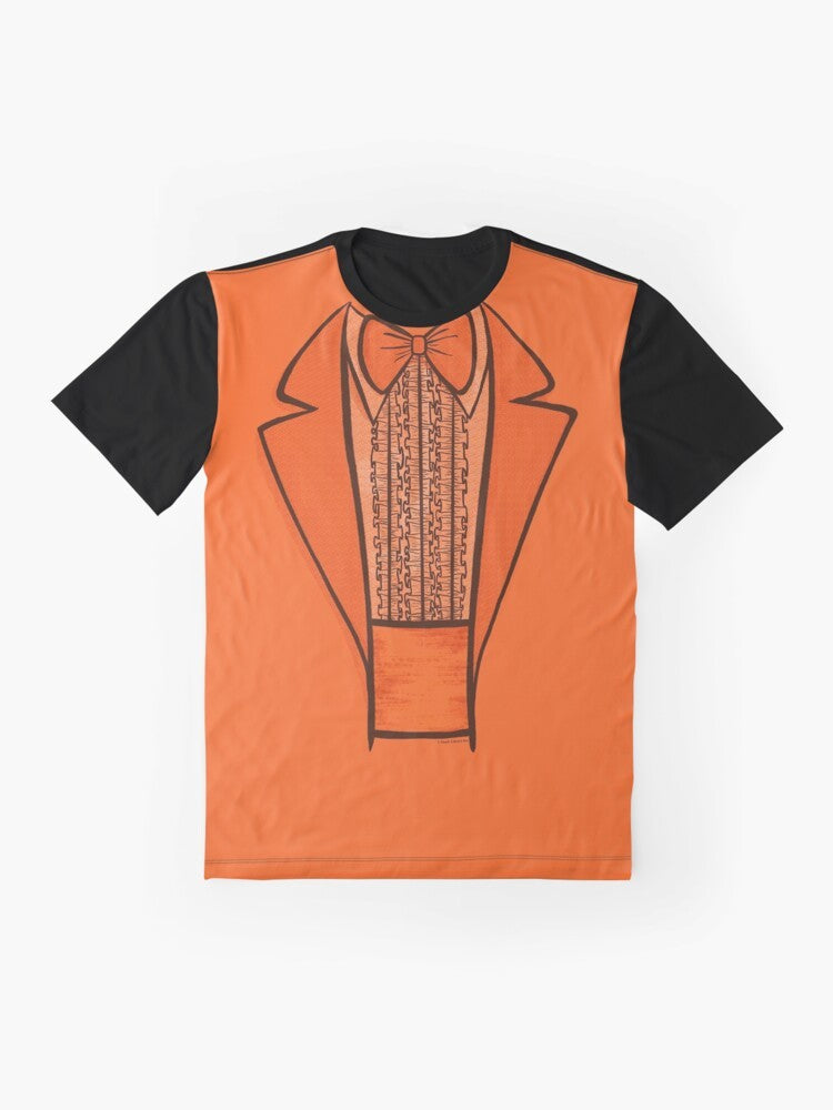 Lloyd and Harry from the movie Dumb and Dumber wearing orange tuxedos on a funny graphic t-shirt. - Flat lay