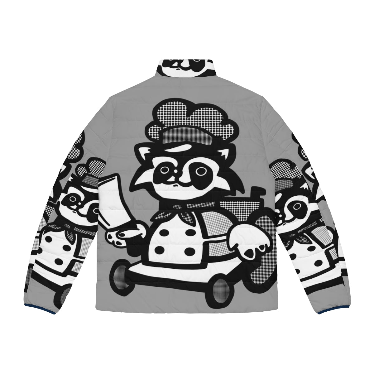 Overcooked Raccoon Puffer Jacket with Retro Comic Graphic - Back