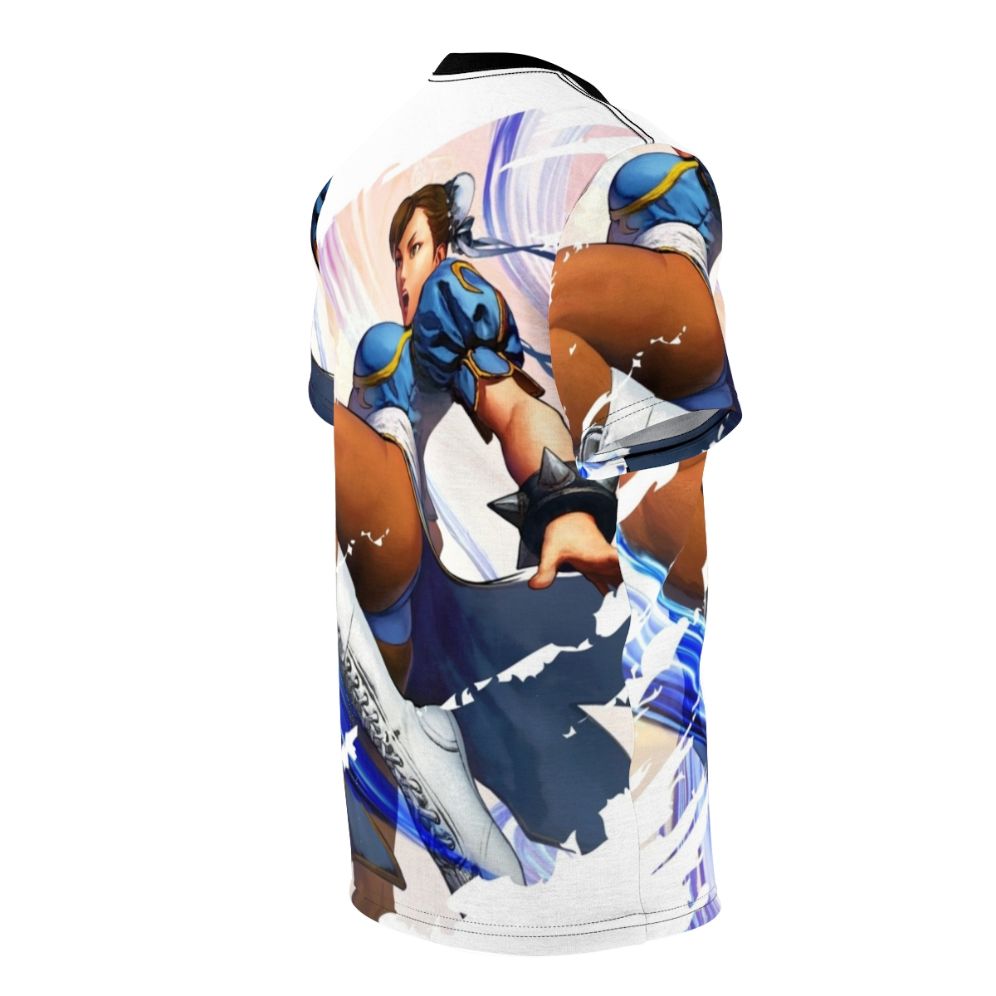 Artwork of the iconic Chun Li character from fighting games on a t-shirt - men right