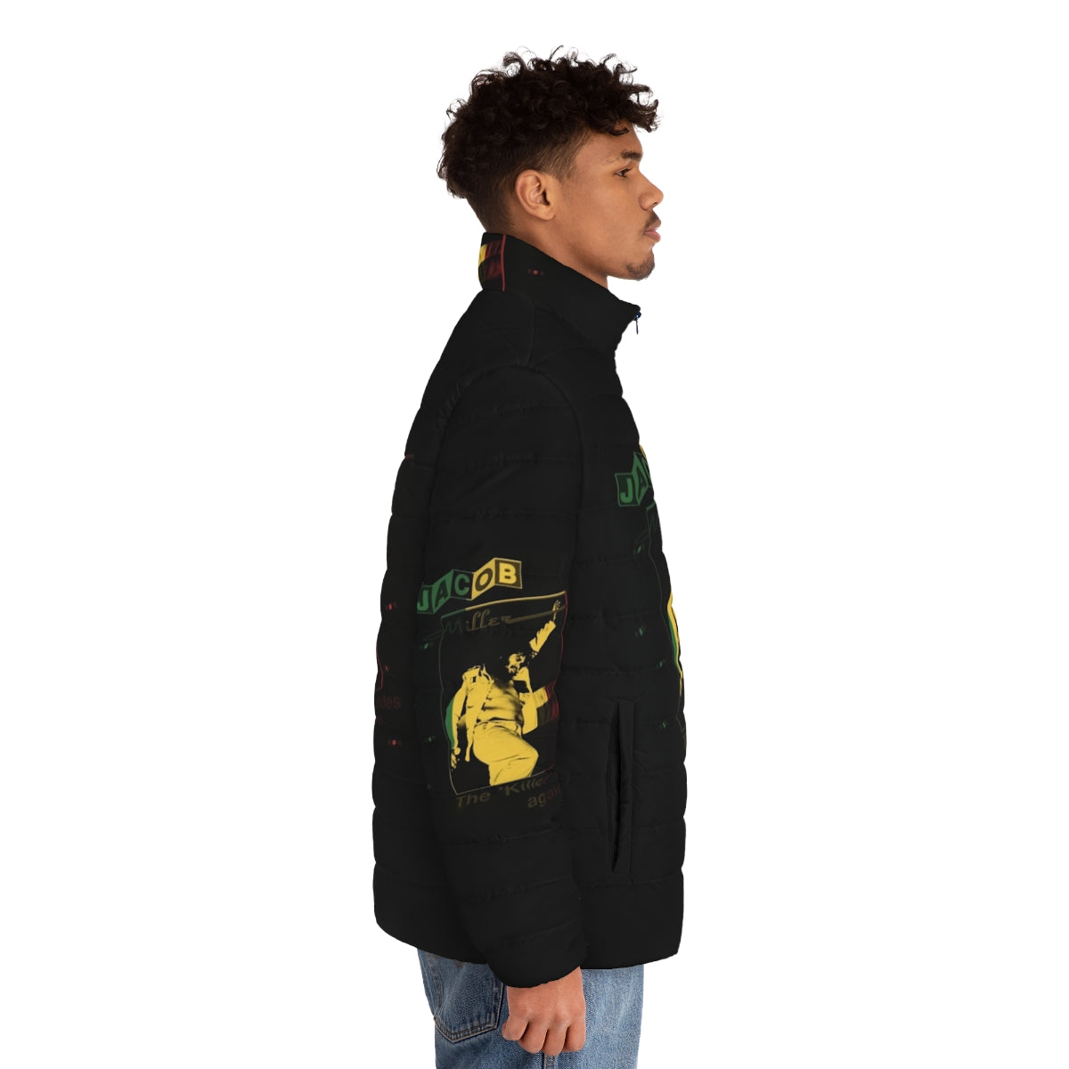 Rasta-inspired Jacob Miller puffer jacket with vibrant colors and reggae vibes - men side right