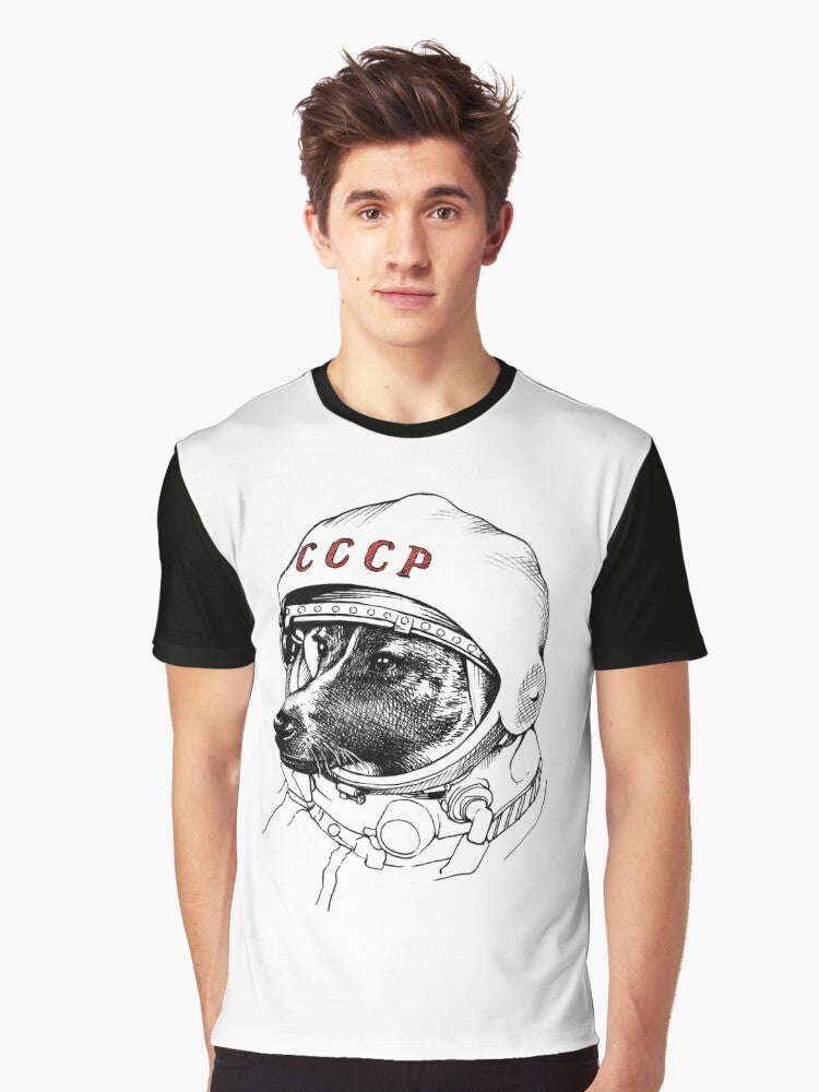 Graphic t-shirt featuring Laika, the famous Soviet space dog, in a space suit and stars - Men