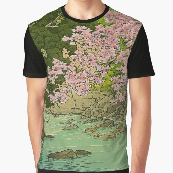 Vintage-inspired nature landscape graphic t-shirt featuring mountains, lake, and river in Japanese art style