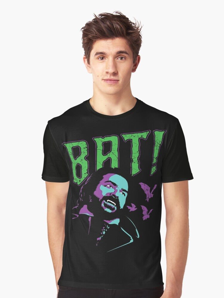 Graphic t-shirt featuring a bat design inspired by the TV show "What We Do in the Shadows" - Men