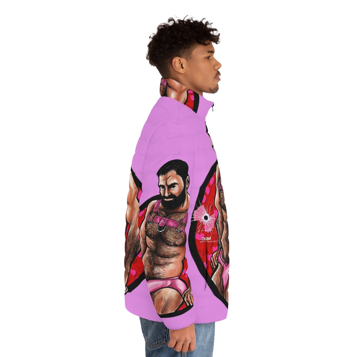 Puffer jacket featuring a Valentine's Day-inspired design for the gay bear community - men side right