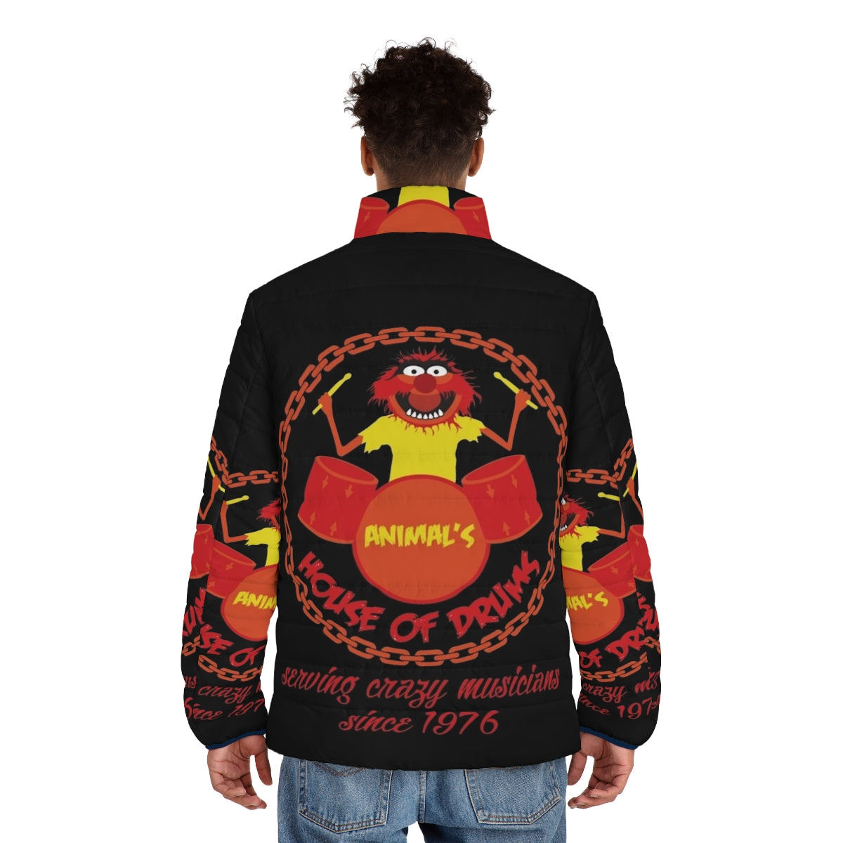 A cozy puffer jacket featuring Muppet characters and drumming motifs - men back