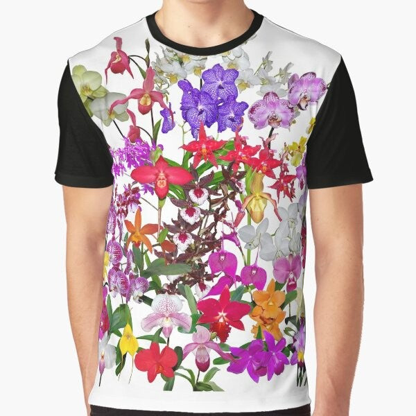 Vibrant orchid flower graphic t-shirt featuring a celebration of nature's floral beauty.