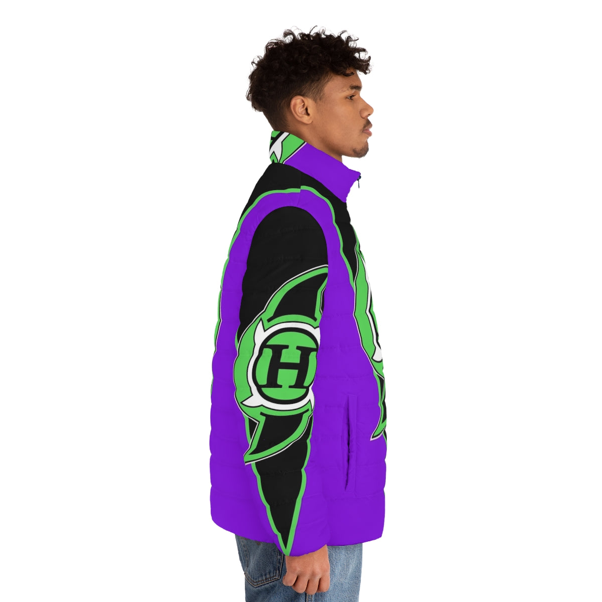 A classic purple puffer jacket with a hurricane logo, perfect for wrestling fans and cosplay - men side right