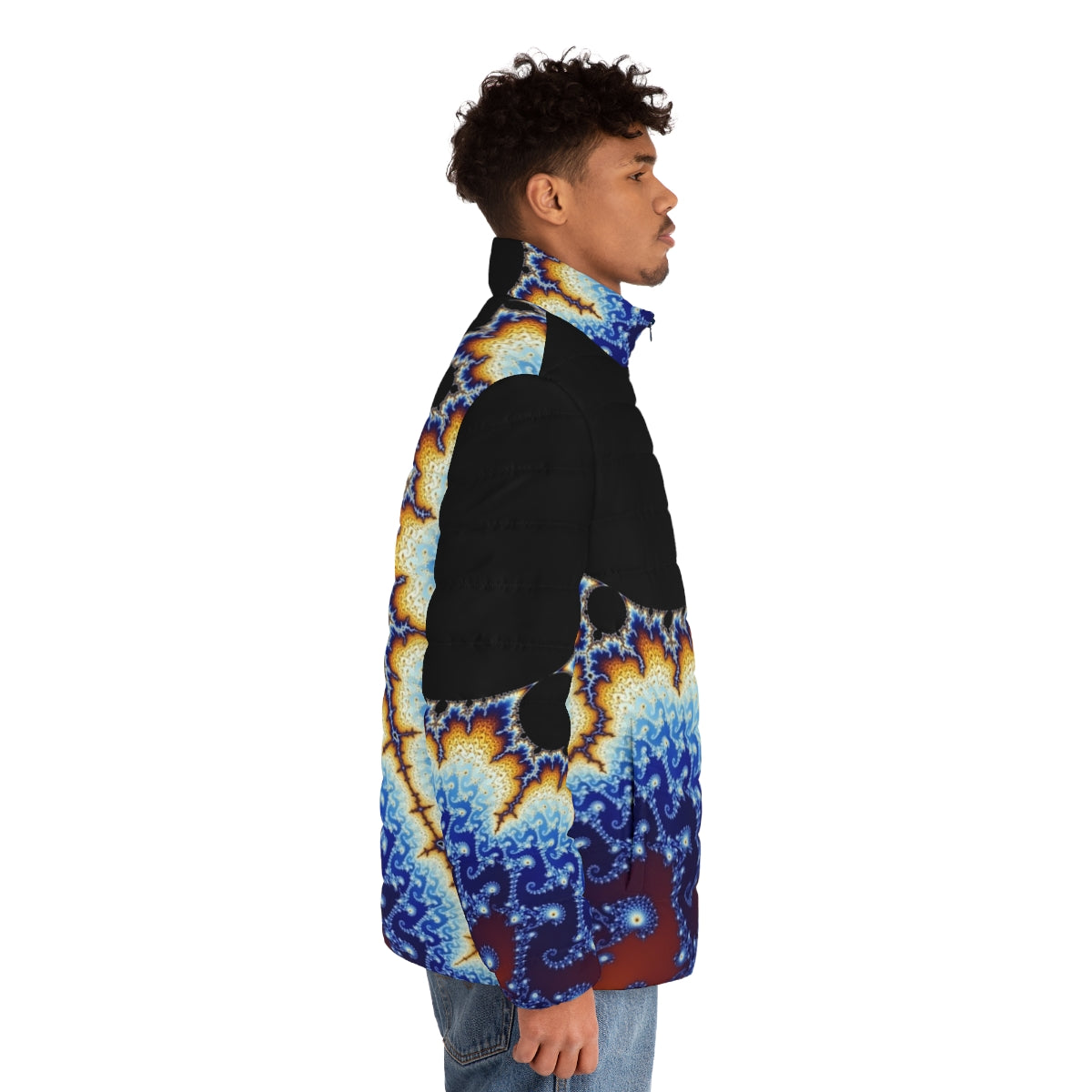 Mandelbrot set puffer jacket with a colorful, abstract fractal pattern - men side right