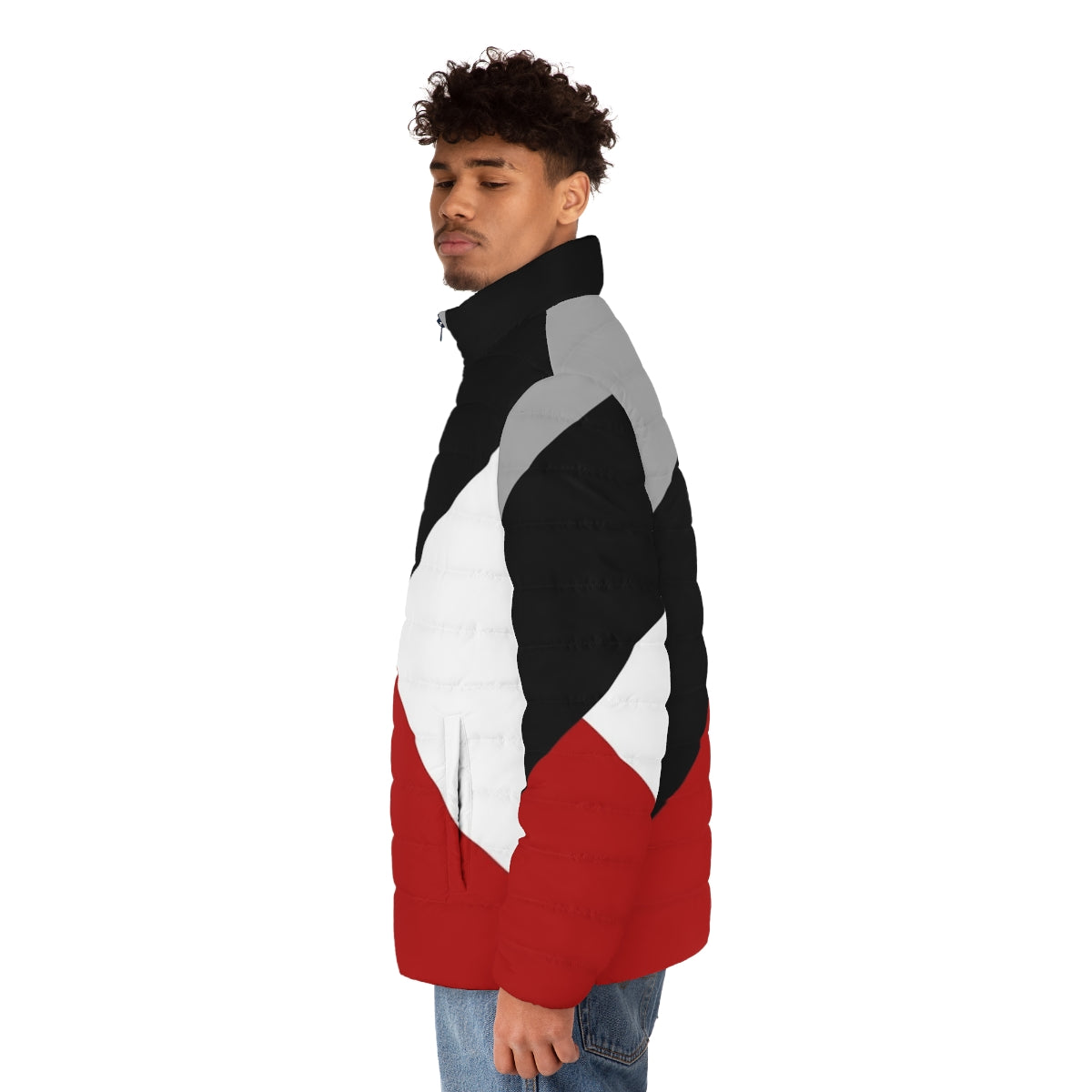 Geometric black puffer jacket with diagonal stripes and triangles - men side left