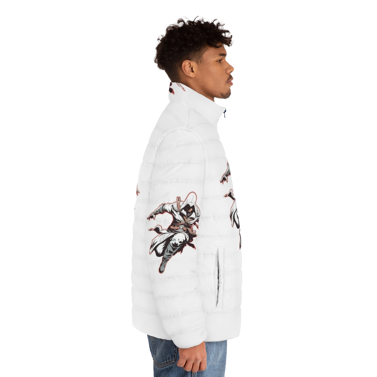 Assassins Creed "Requiescat In Pace" puffer jacket featuring AC fan art design - men side right