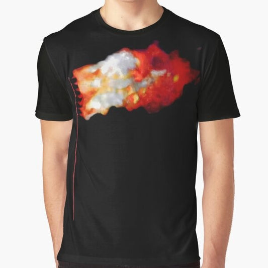 Graphic t-shirt with a burning American flag design, representing political protest.