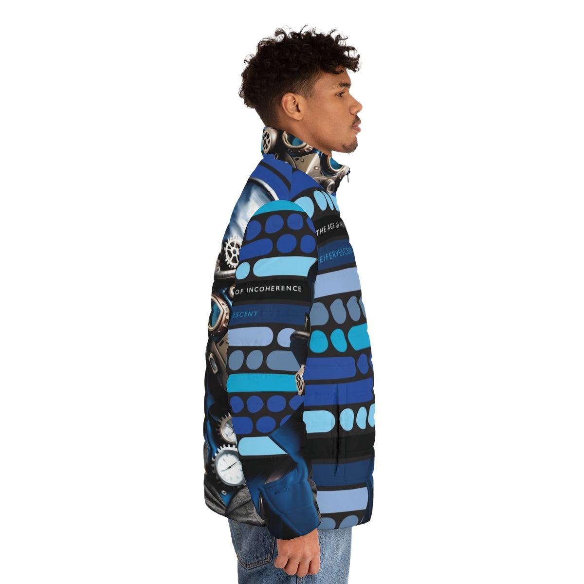 A stylish blue puffer jacket with a steampunk-inspired design, featuring Morse code accents. - men side right