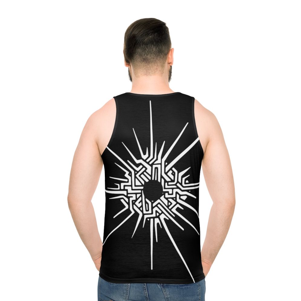 Outer Wilds video game inspired unisex tank top with Eye of the Universe symbol - men back