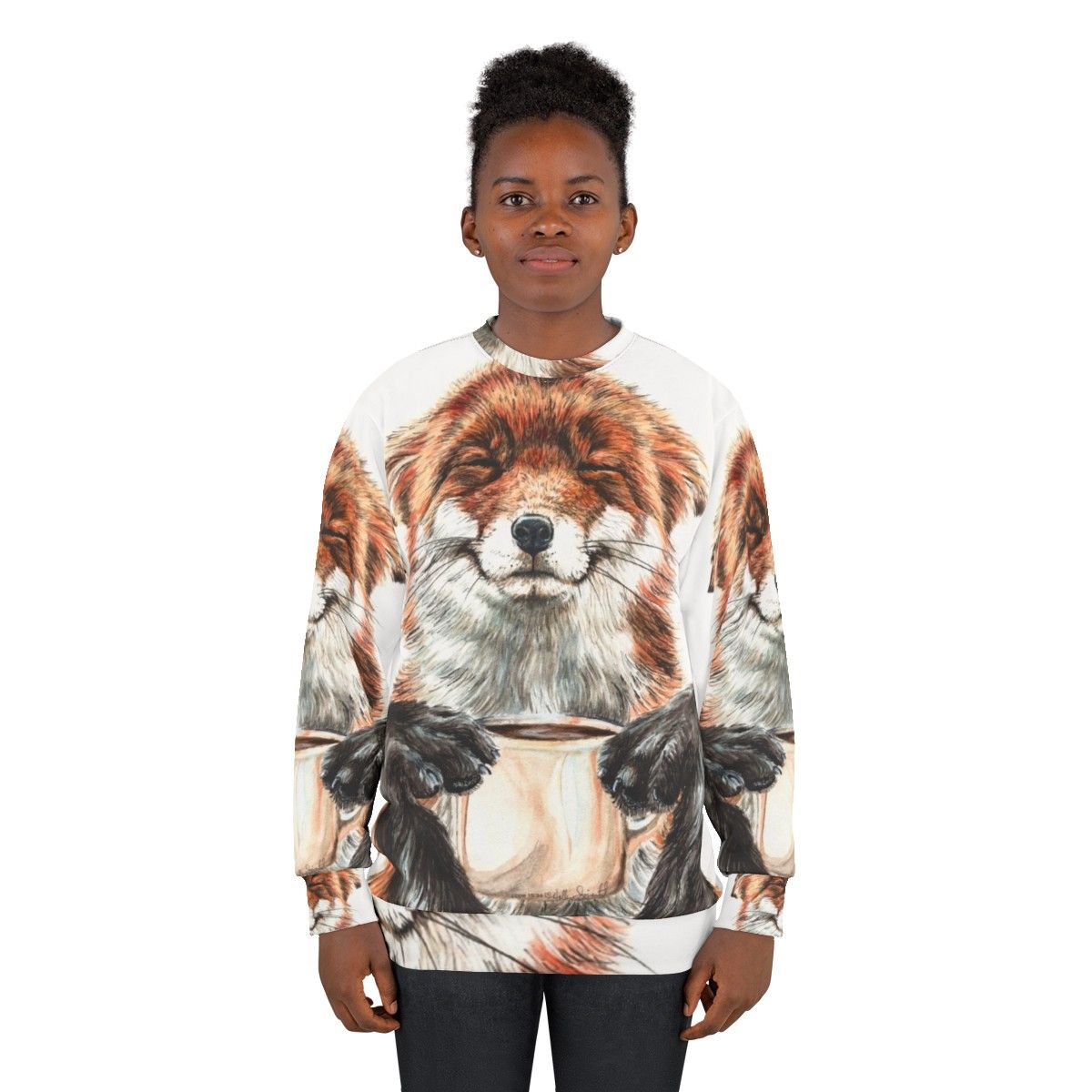 Cute Morning Fox Drinking Coffee Illustration on Sweatshirt - women