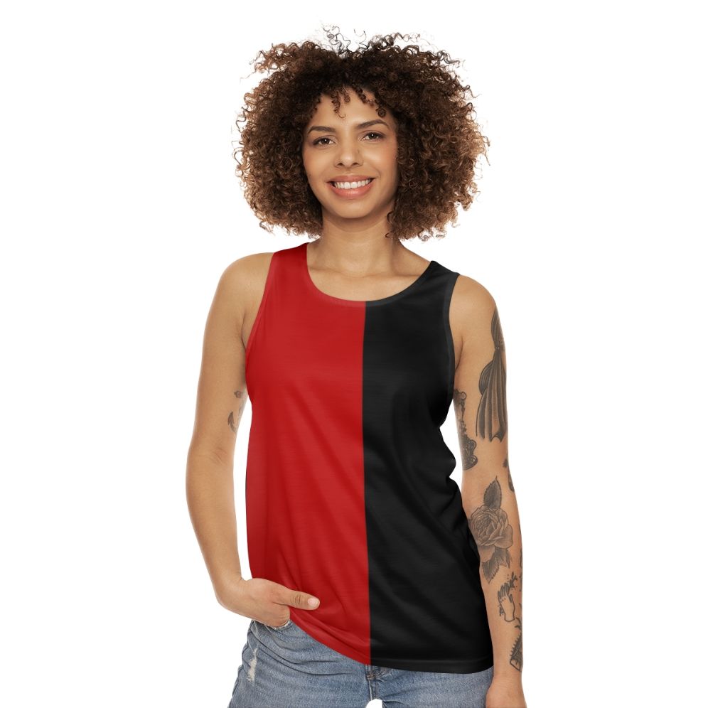 Harlequin two-tone black and red unisex tank top - women