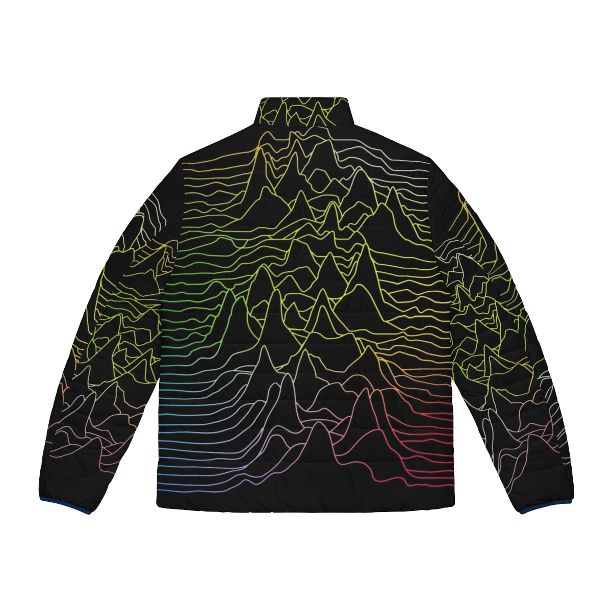 Minimalist black and white puffer jacket with abstract sound wave graphic design - Back