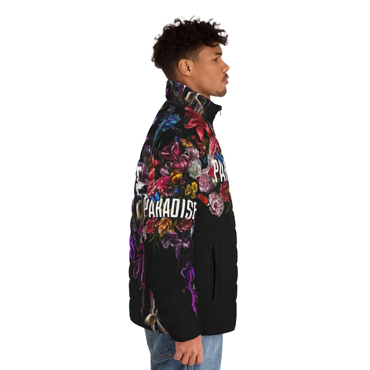 Corrupted Paradise Sci-Fi Puffer Jacket with Glitch and Floral Botanicals - men side right