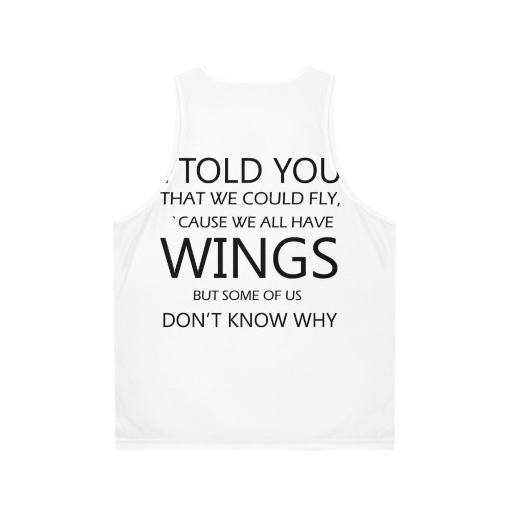 Unisex retro-style tank top with "Never Tear Us Apart" music quote - Back