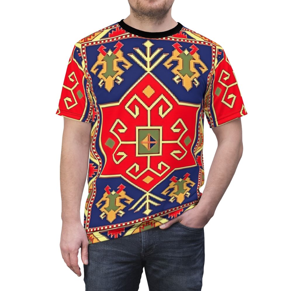 Colorful t-shirt featuring intricate Armenian art design - men front