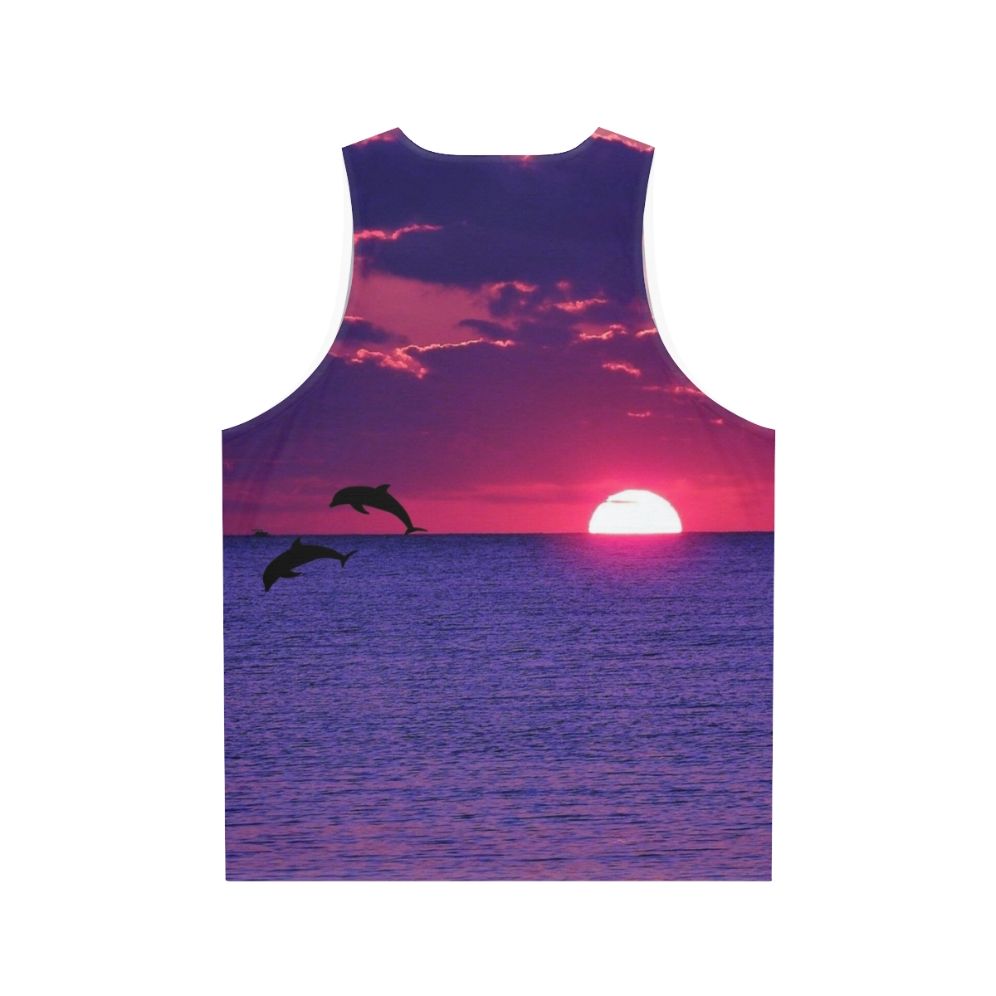 Unisex tank top featuring a breathtaking beach sunset in pink and purple sky - Back