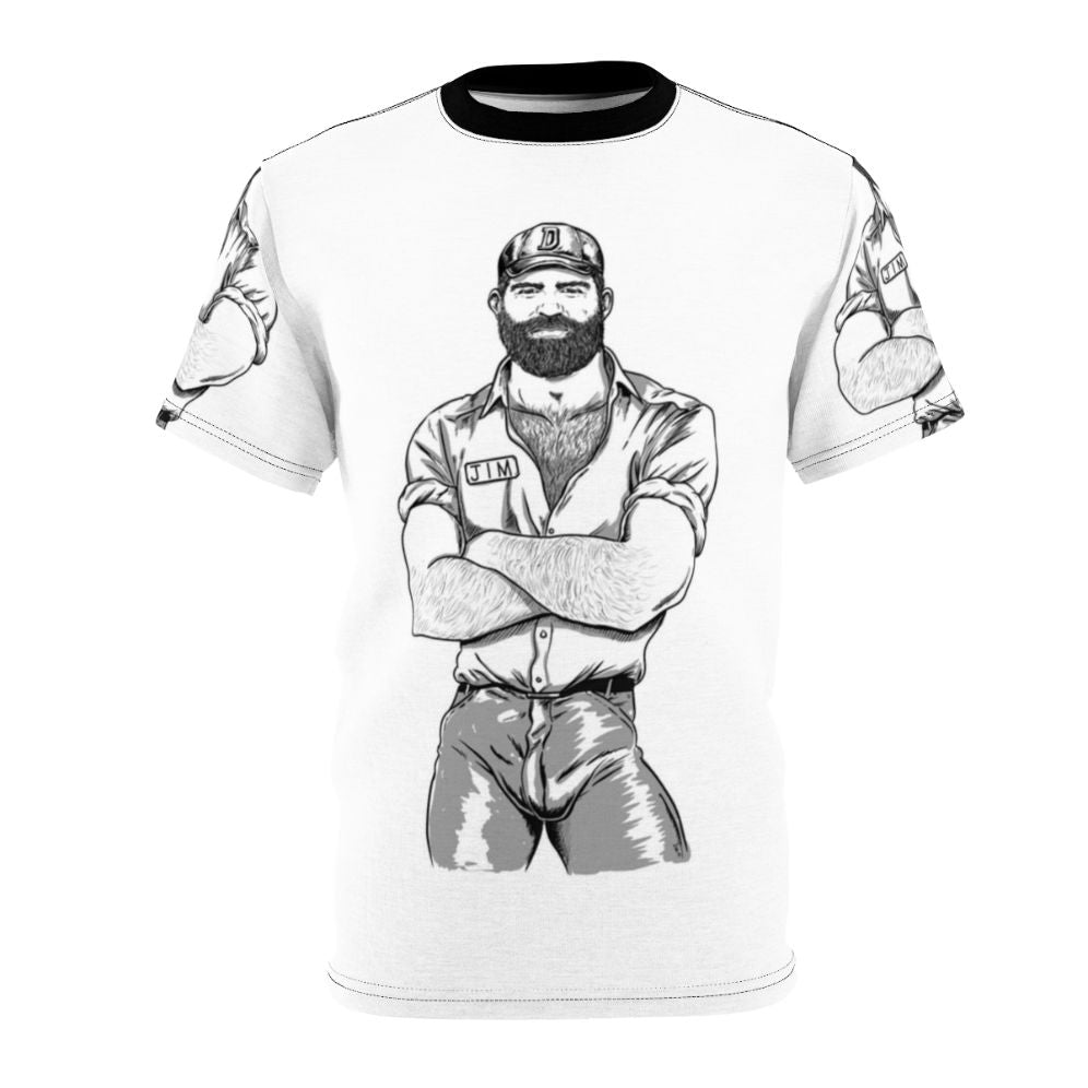 Homoerotic bear art t-shirt featuring a bearded, hairy man in a queer, vintage-inspired design