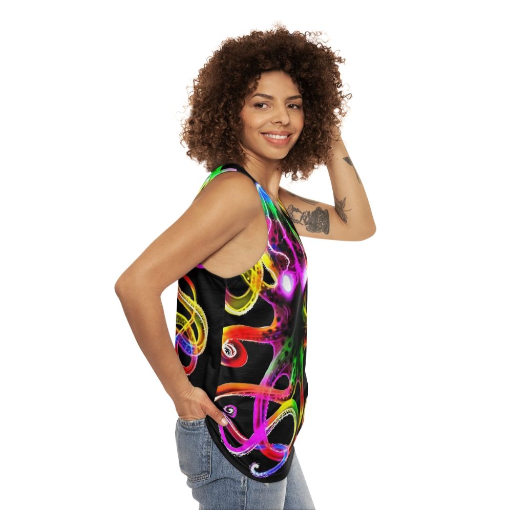 Unisex tank top with a glowing rainbow octopus design - women side