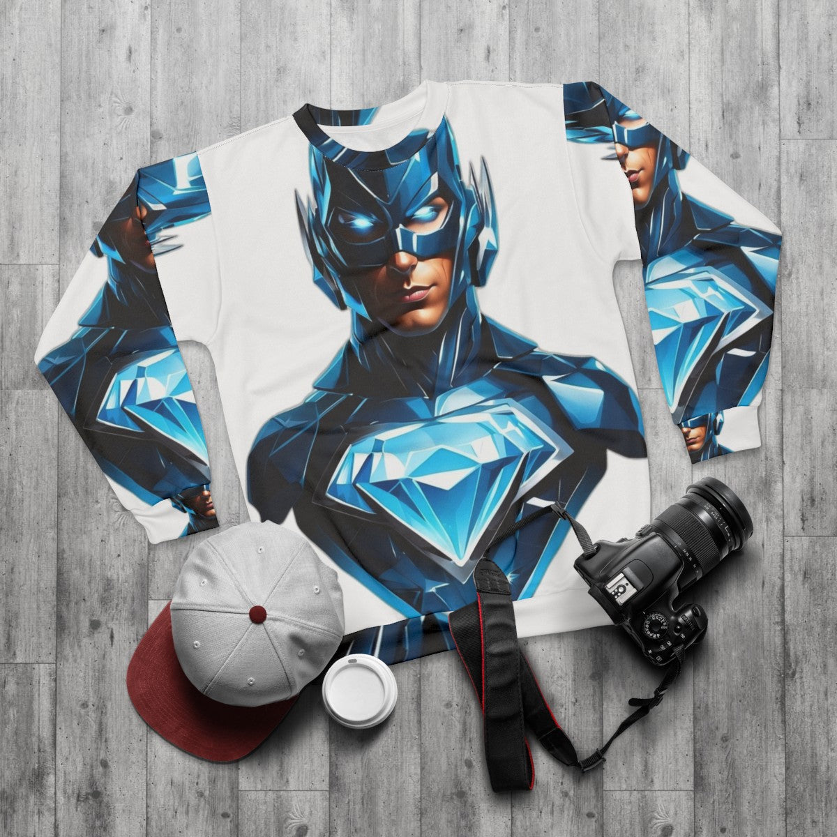 Superhero sweatshirt with glowing diamond design and bold blue color - flat lay