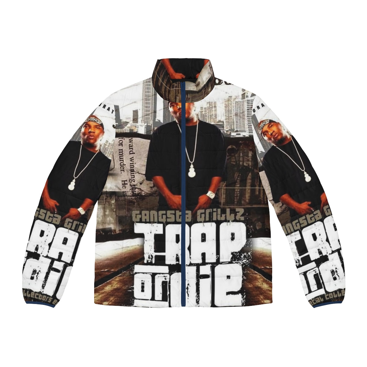 Trap music puffer jacket with vintage album cover design