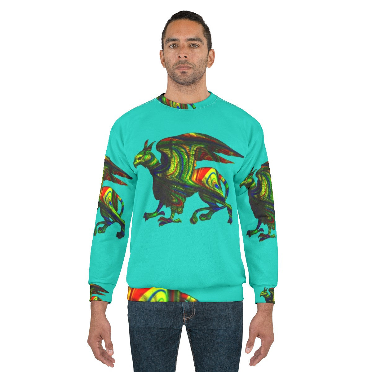 Colorful abstract griffin aqua sweatshirt with mythical creature silhouette art - men