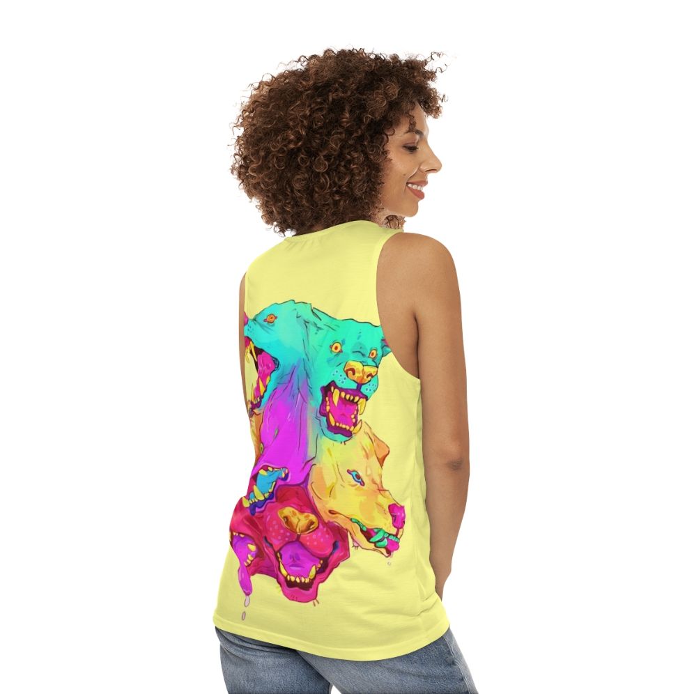 Pileup Unisex Tank Top with Colorful Monster Teeth Graphic - women back