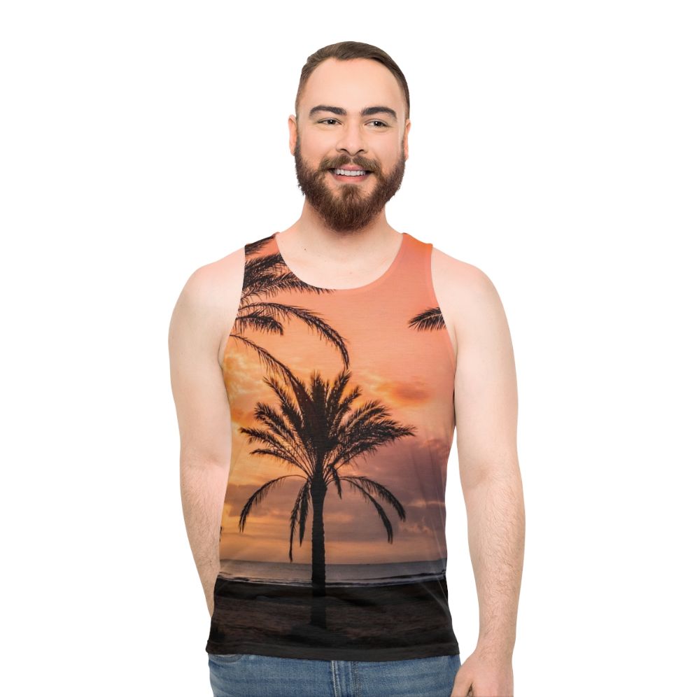 Unisex tank top with a tropical sunrise over palm trees design - men