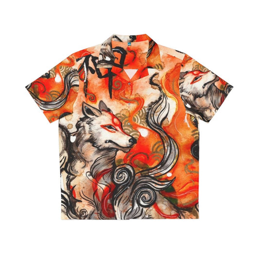 Okami Amaterasu inspired Hawaiian shirt featuring a Japanese art wolf design