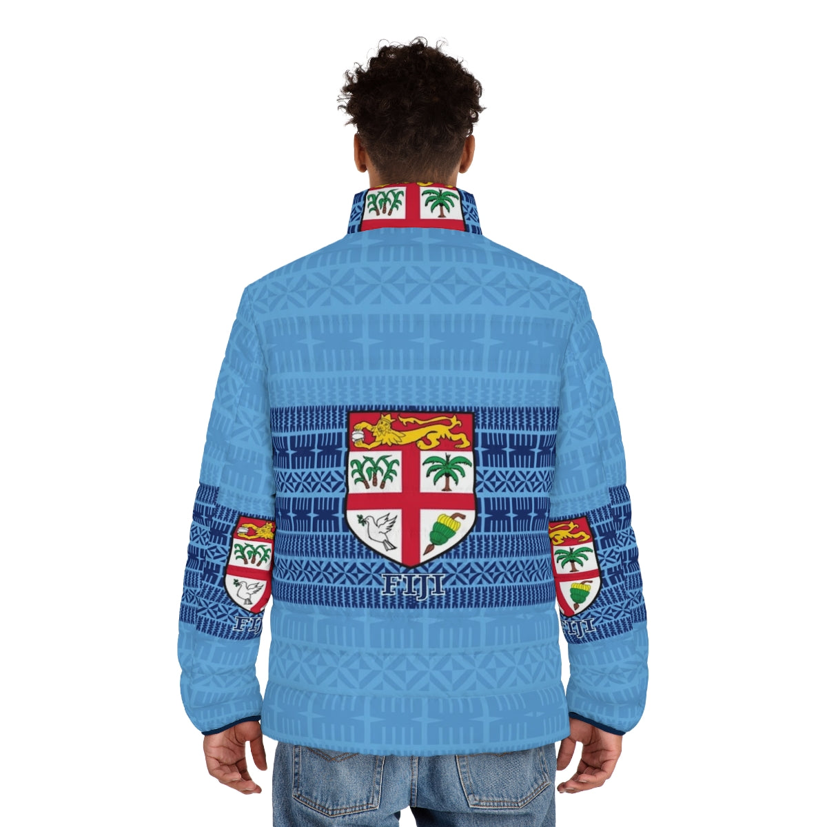 Blue puffer jacket featuring Fijian masi tapa design and Fiji flag - men back